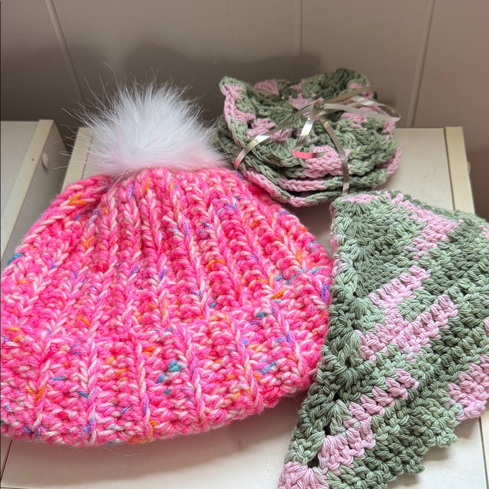 Pink crochet Beanie with Pom Pom coasters hair scarf/bandana set